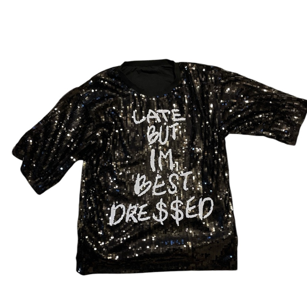 Steve Madden LATE BUT IM BEST DRE$$ED Black Sequins Silver‎ Mini Dress SZ L - Picture 2 of 6